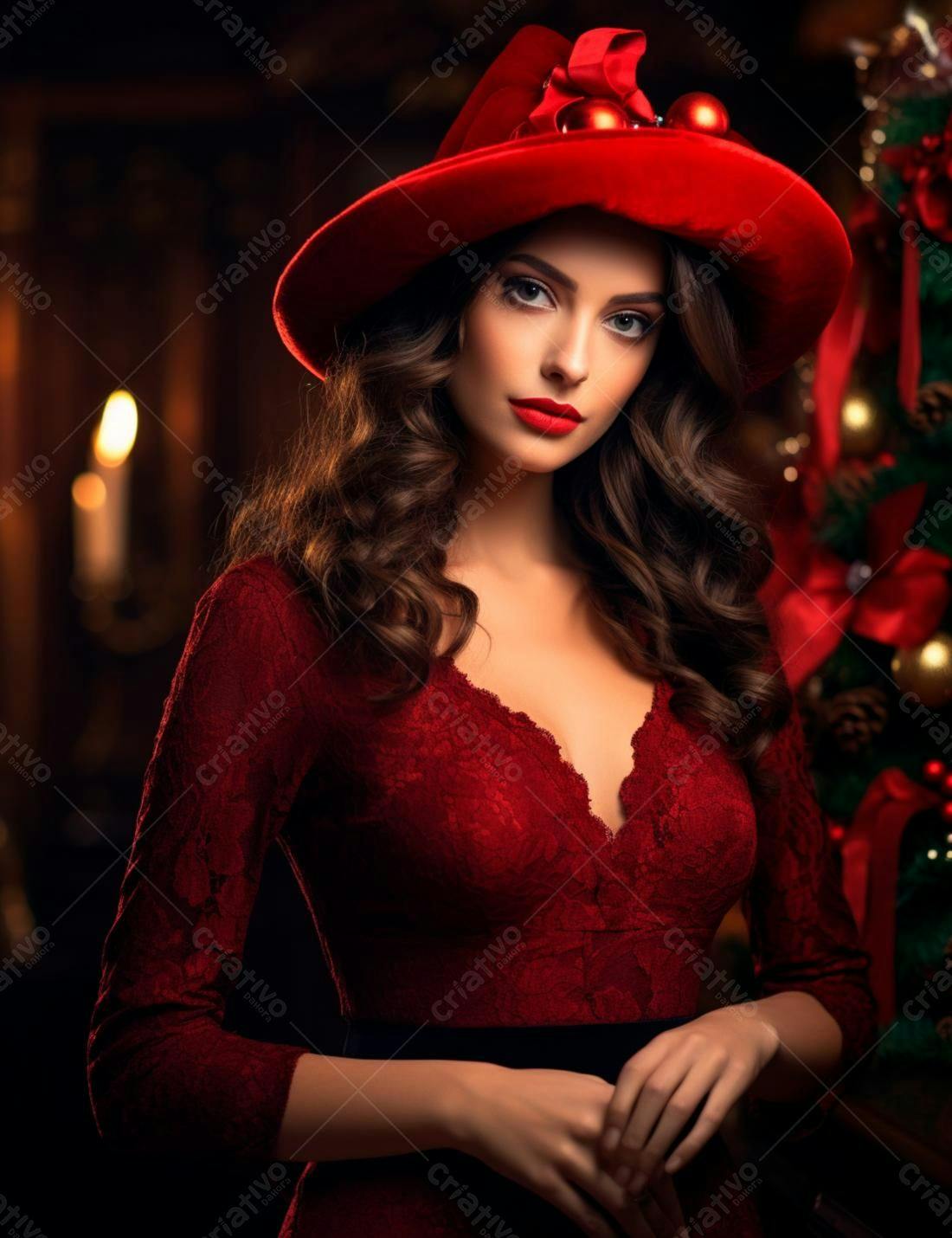 Modelo usando vestido e chapéu vermelhos Natal