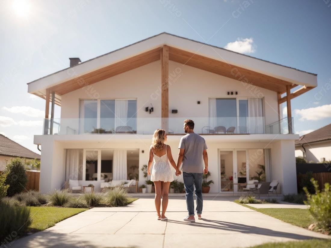 Casal admirando casa moderna dia ensolarado