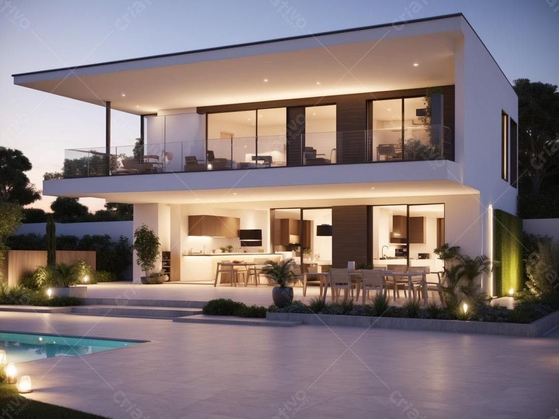 Casa moderna com piscina ao anoitecer