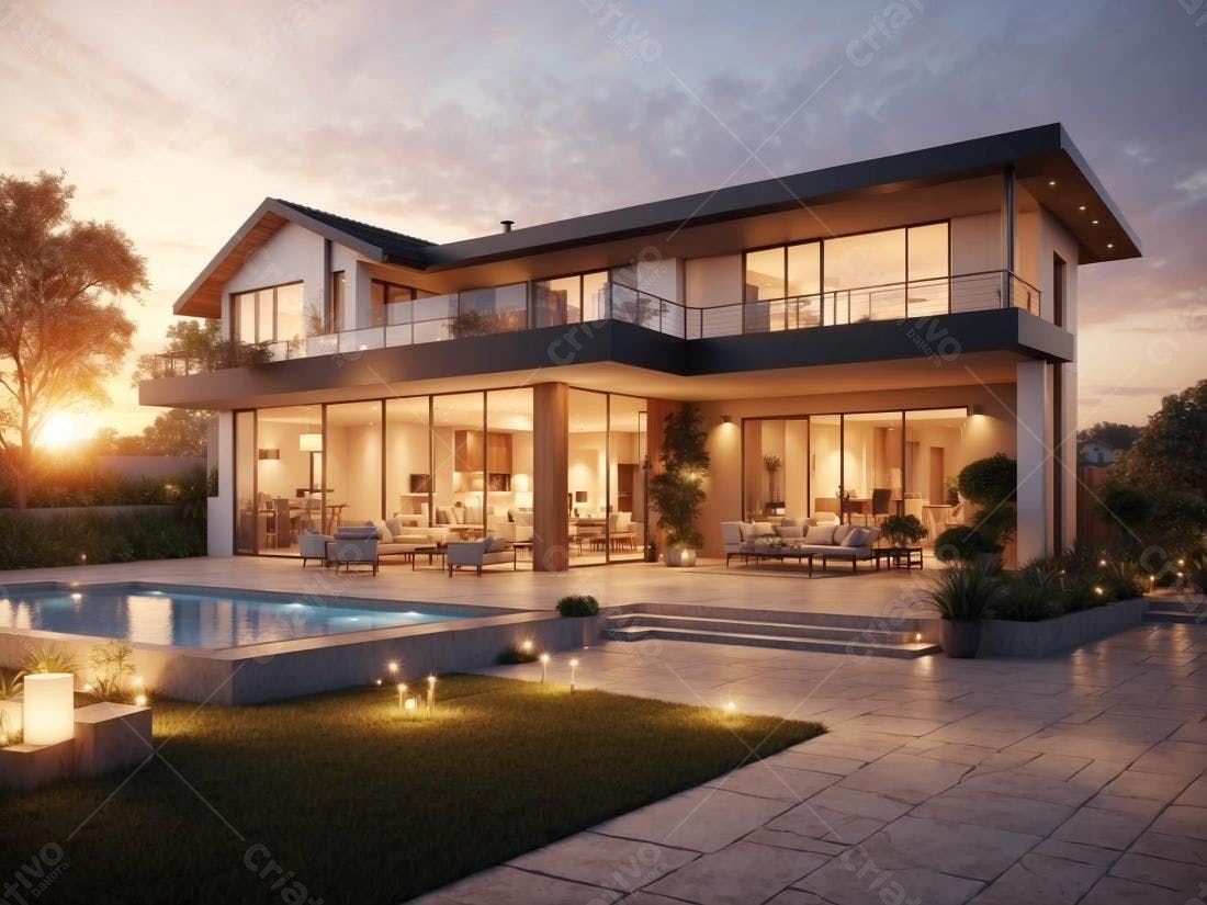 Casa moderna com piscina ao pôr do sol