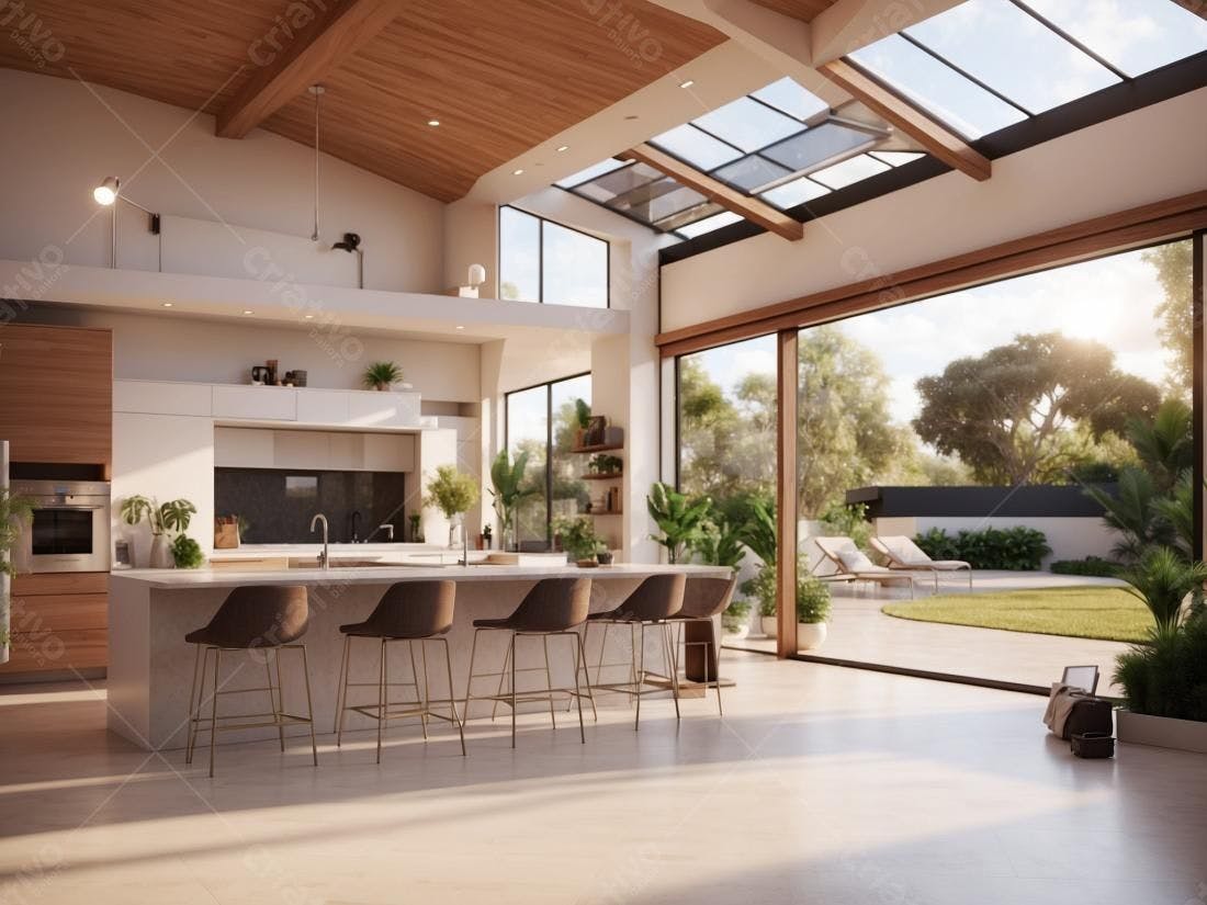 Cozinha moderna com ilha central e vista para o jardim