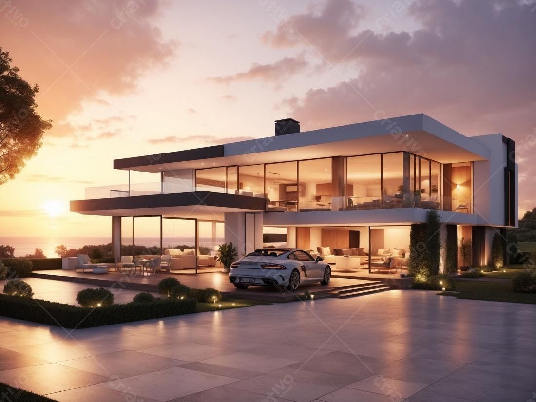 Casa moderna beira mar ao pôr do sol