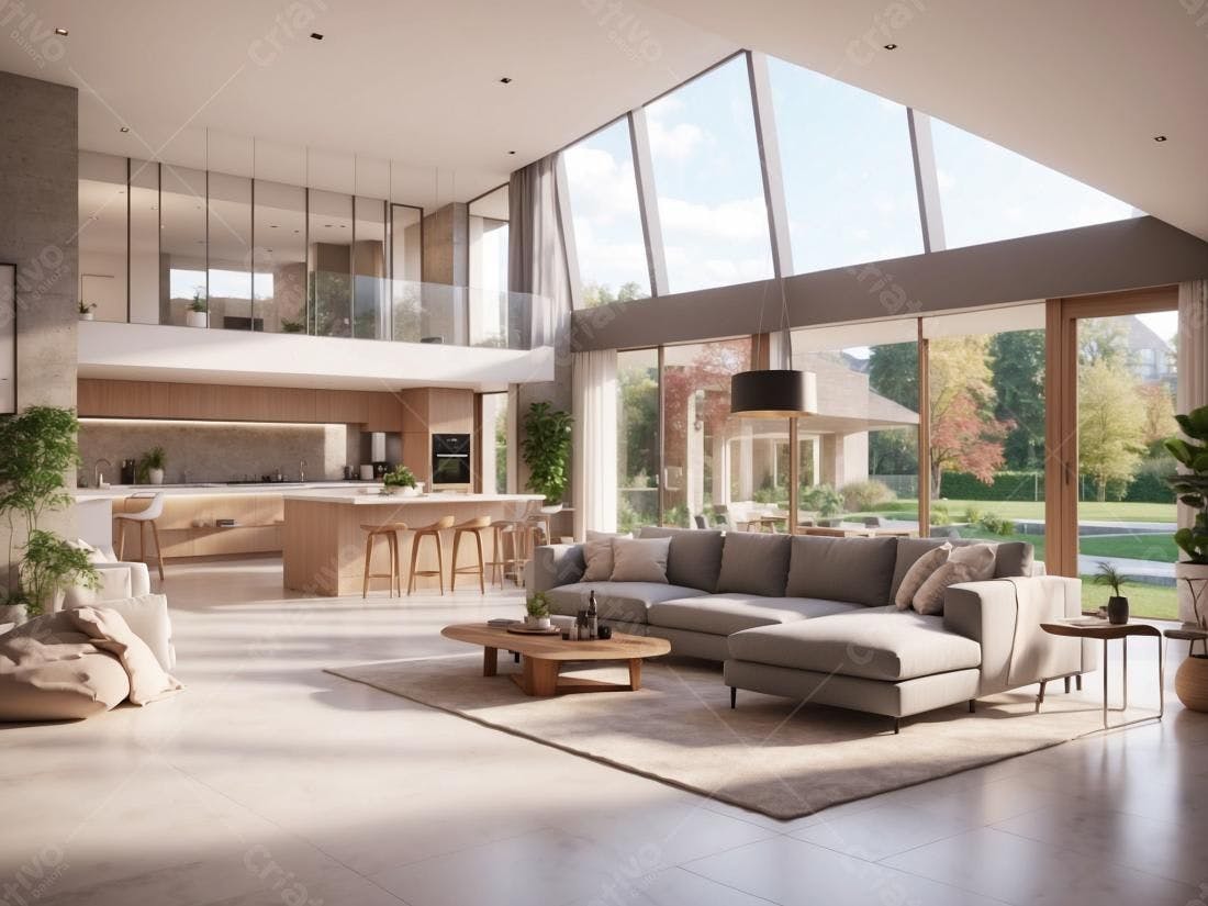 Sala de estar moderna com cozinha integrada e vista para o jardim