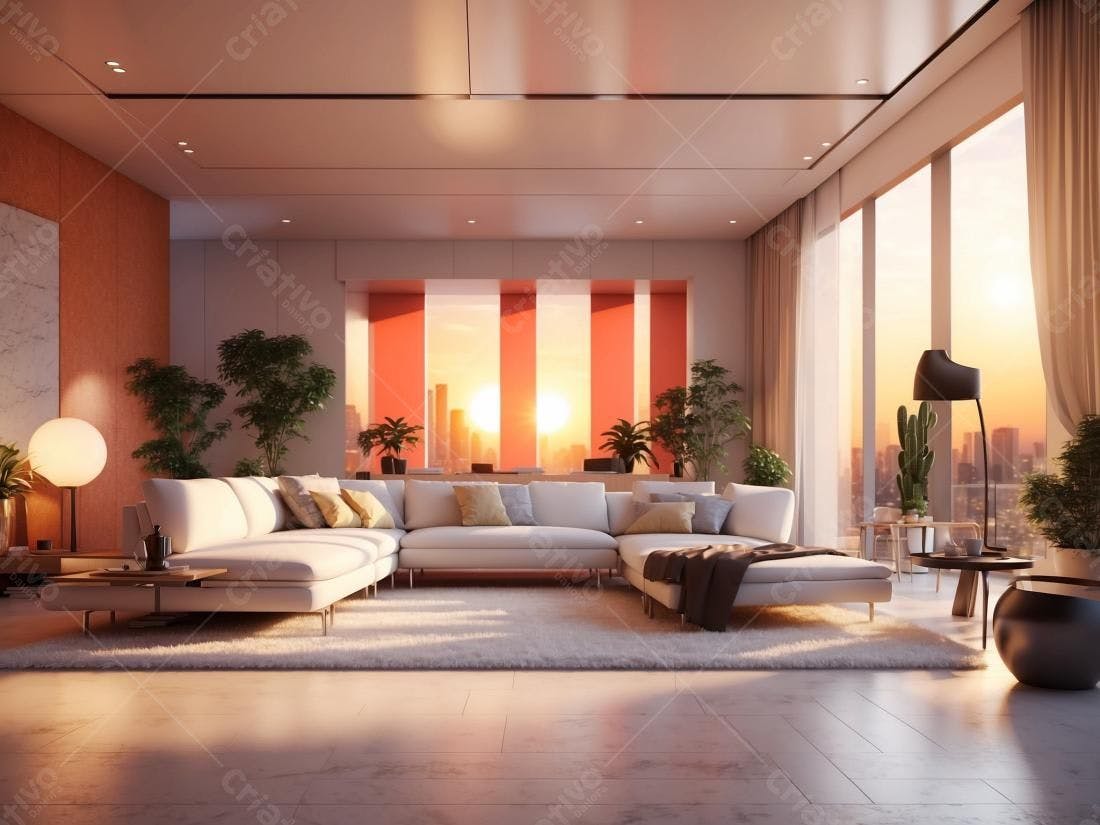 Sala de estar moderna ao pôr do sol