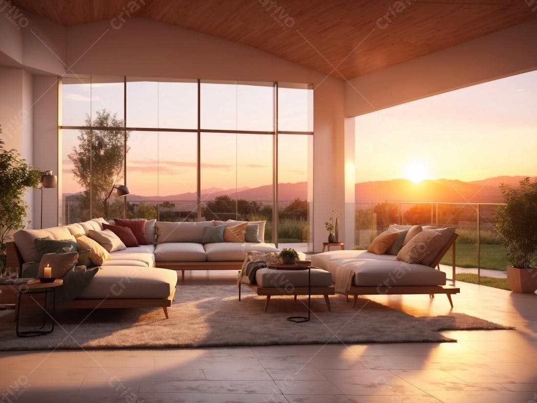 Sala de estar moderna com vista para o pôr do sol