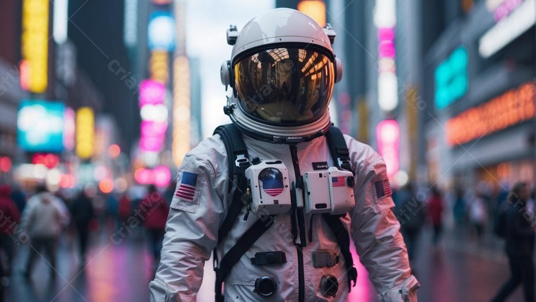 Astronauta em Times Square à noite