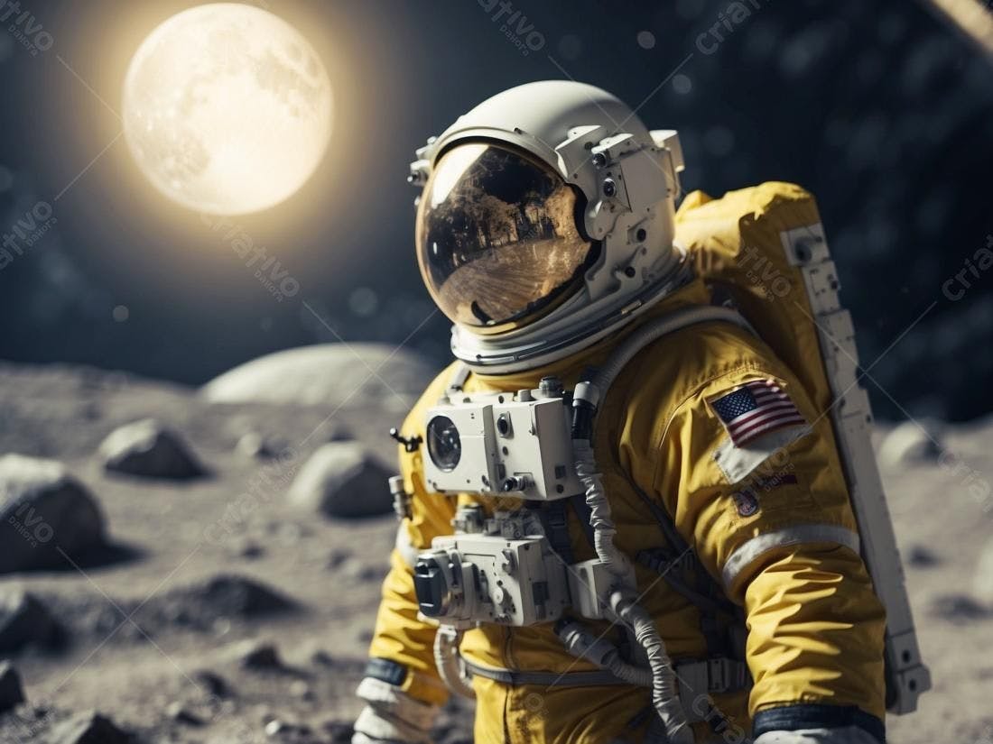 Astronauta em traje amarelo na Lua sob a luz da noite