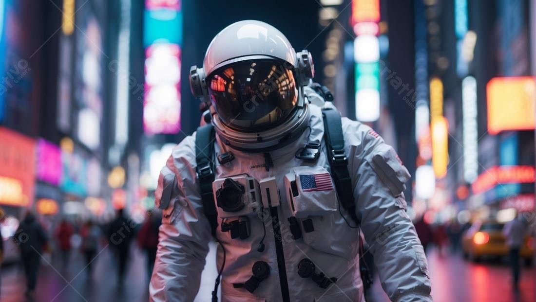Astronauta em Times Square à noite