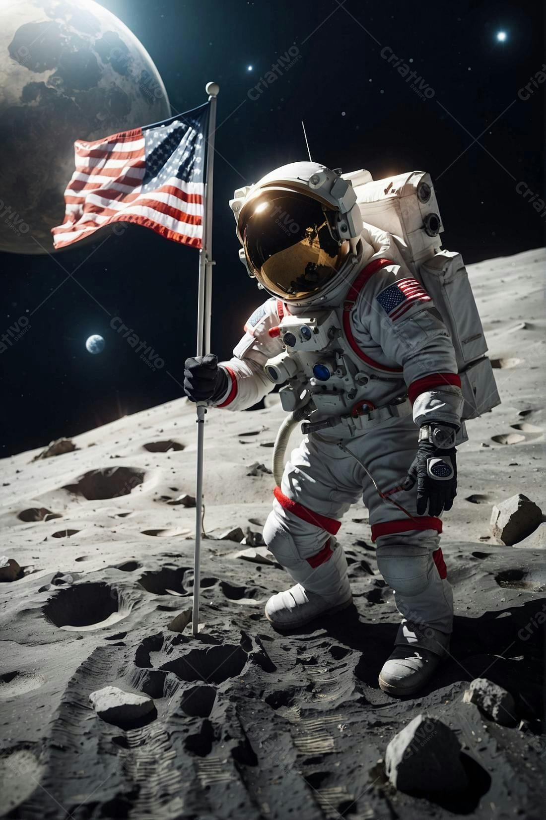 Astronauta plantando bandeira EUA na Lua