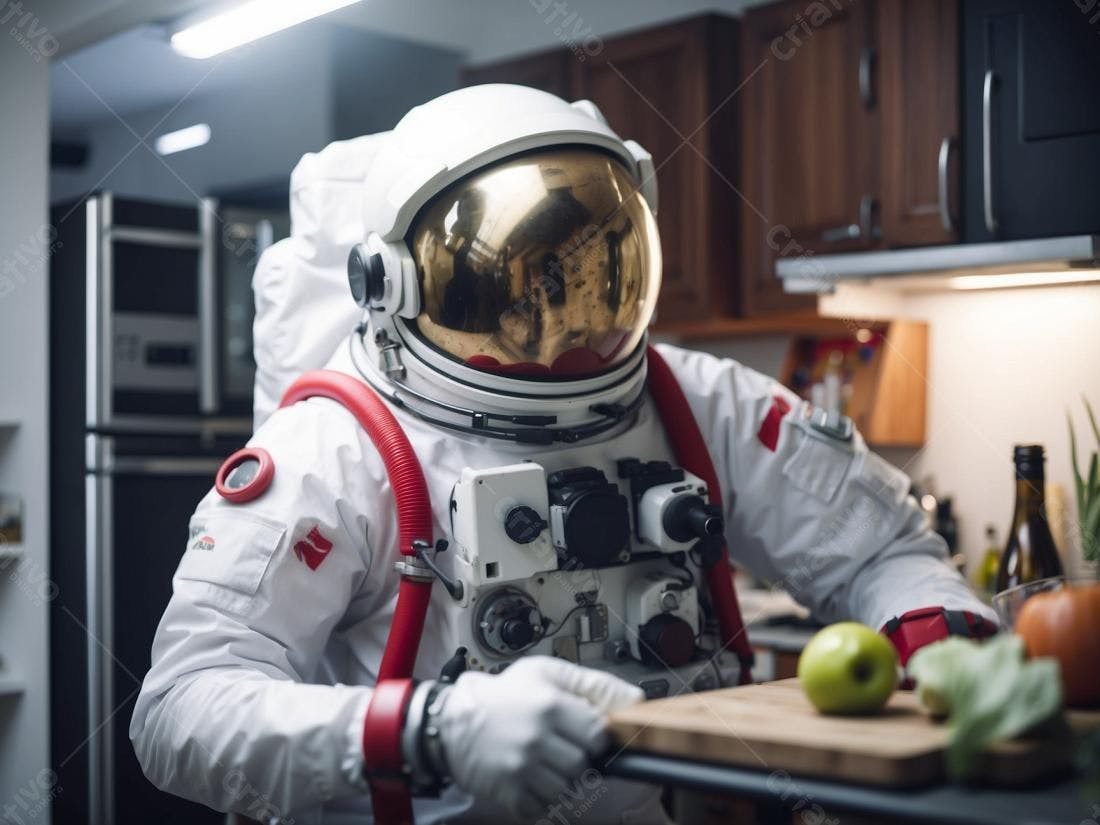 Astronauta na cozinha preparando frutas