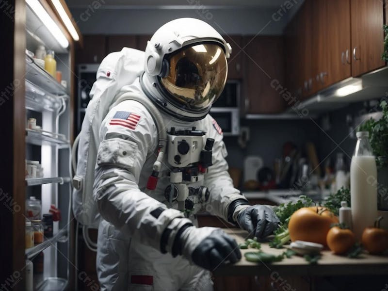 Astronauta cozinhando em uma cozinha de casa