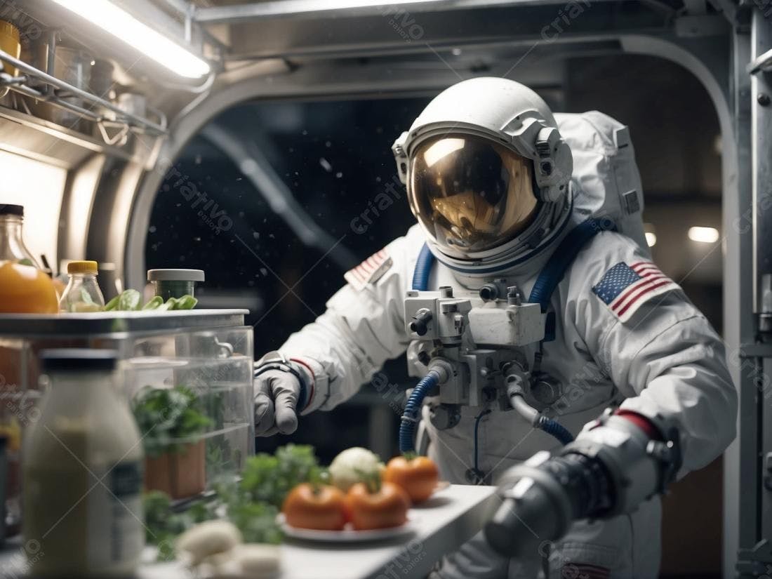 Astronauta em missão espacial selecionando alimentos