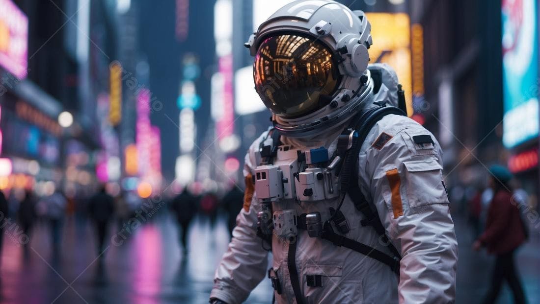 Astronauta em Times Square à noite