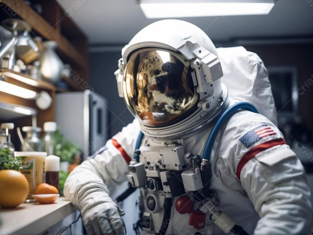 Astronauta em cozinha futurista com frutas