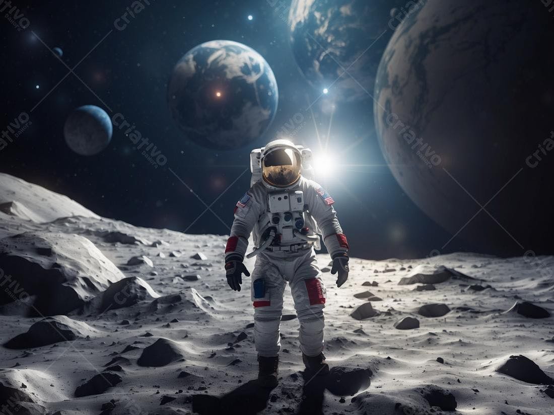 Astronauta na Lua com planetas ao fundo
