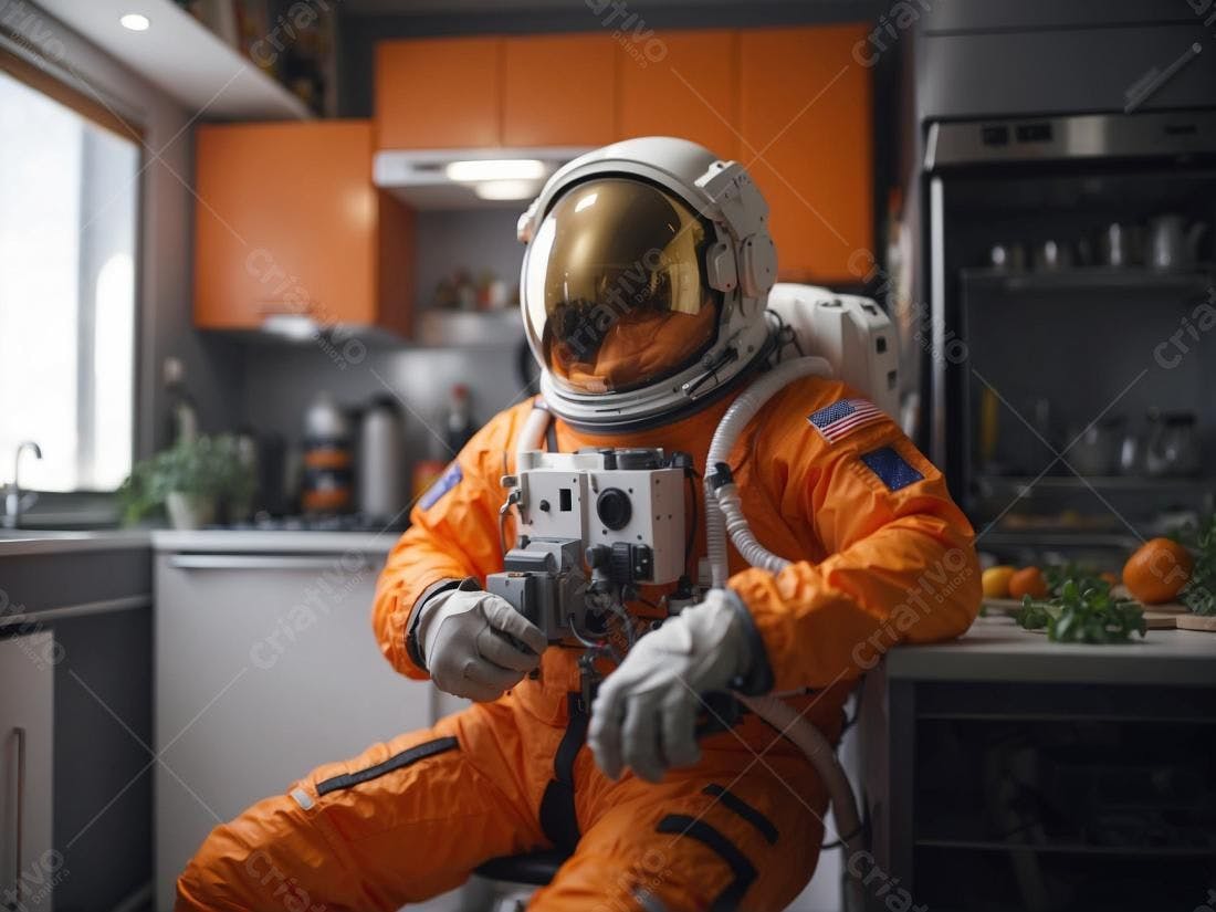 Astronauta em cozinha moderna laranja