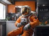 Astronaut checking equipment in home kitchen