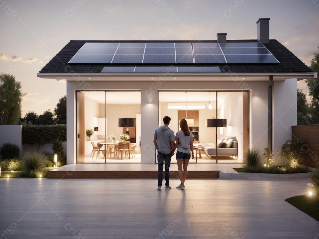 Casa moderna com energia solar casal admirando