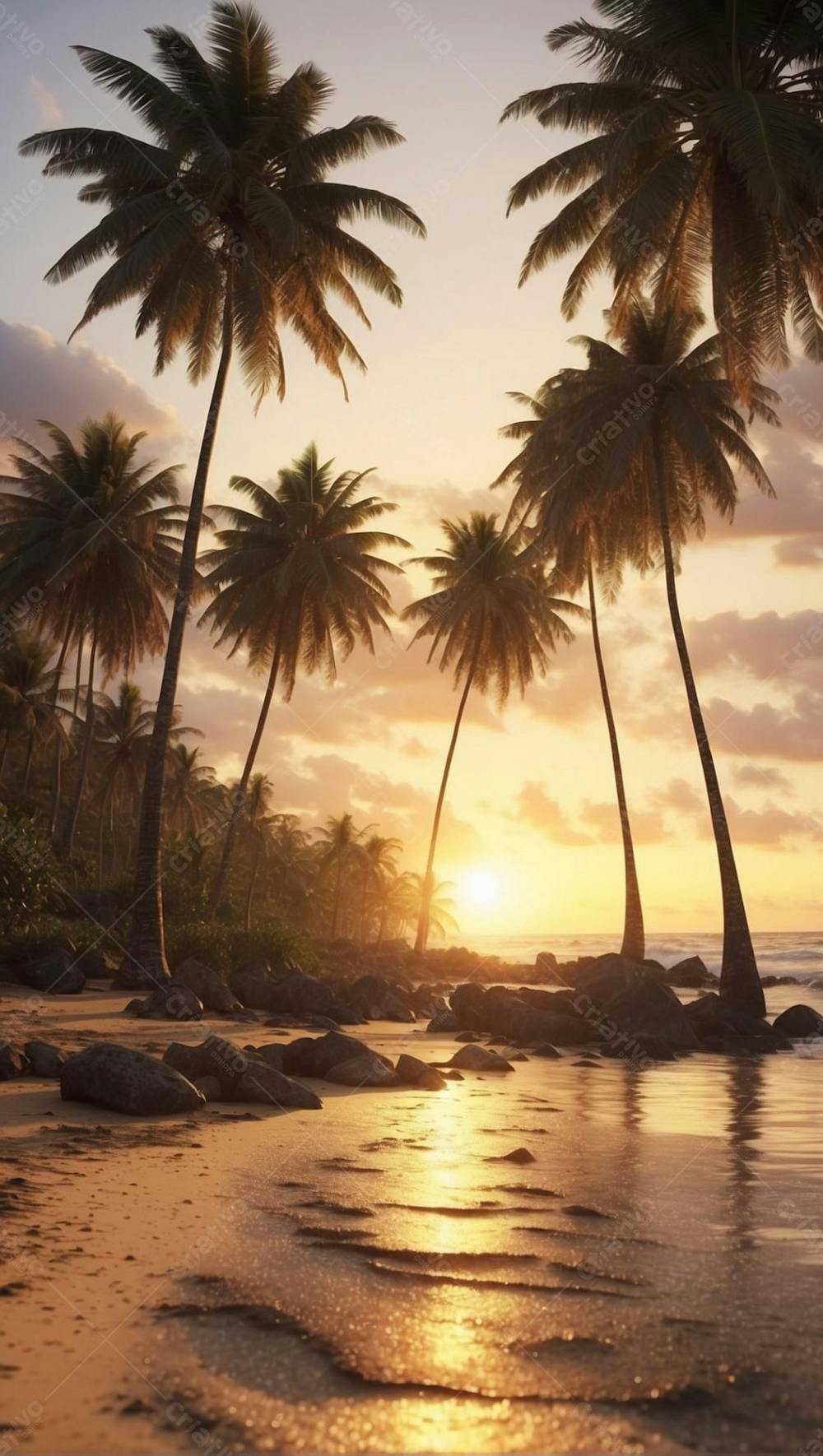 Coqueiros Na Areia Da Praia Ao Por Do Sol Com Pedras