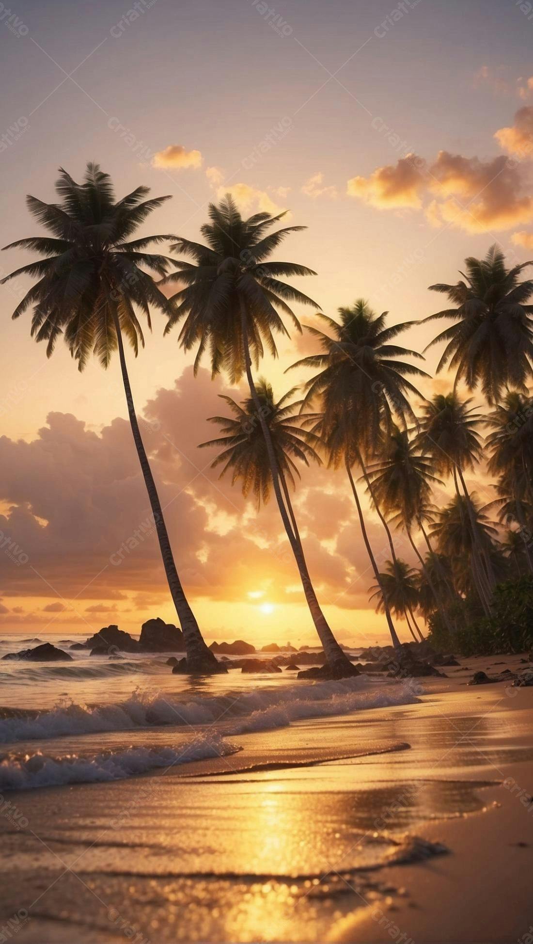 Pôr do sol tropical com coqueiros na praia