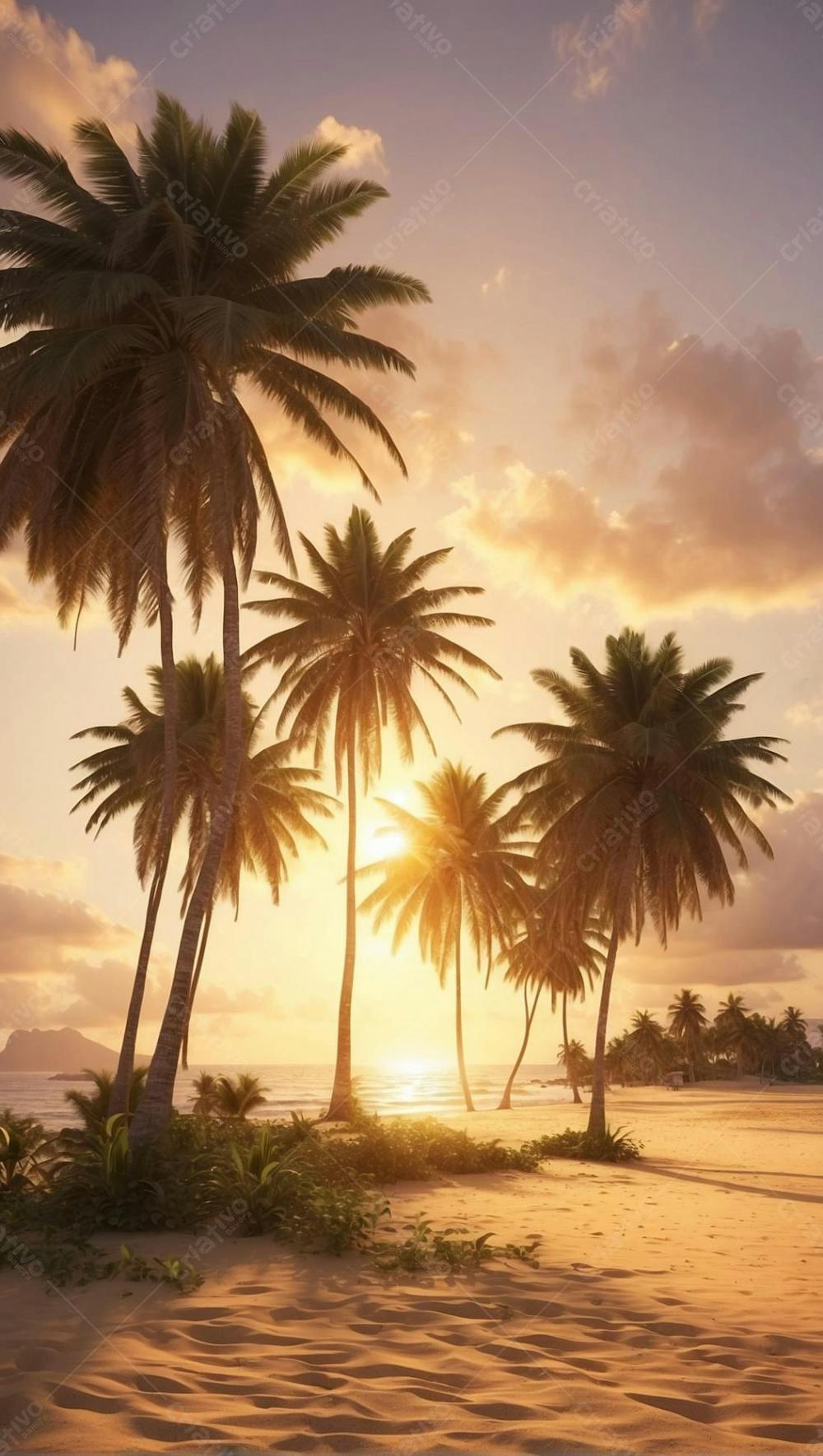 Coqueiros Na Areia Da Praia Ao Por Do Sol