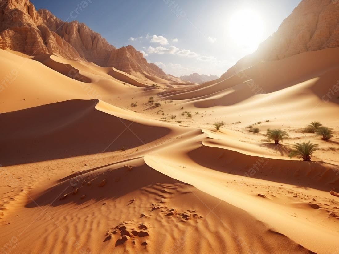 Paisagem desértica com dunas de areia e palmeiras