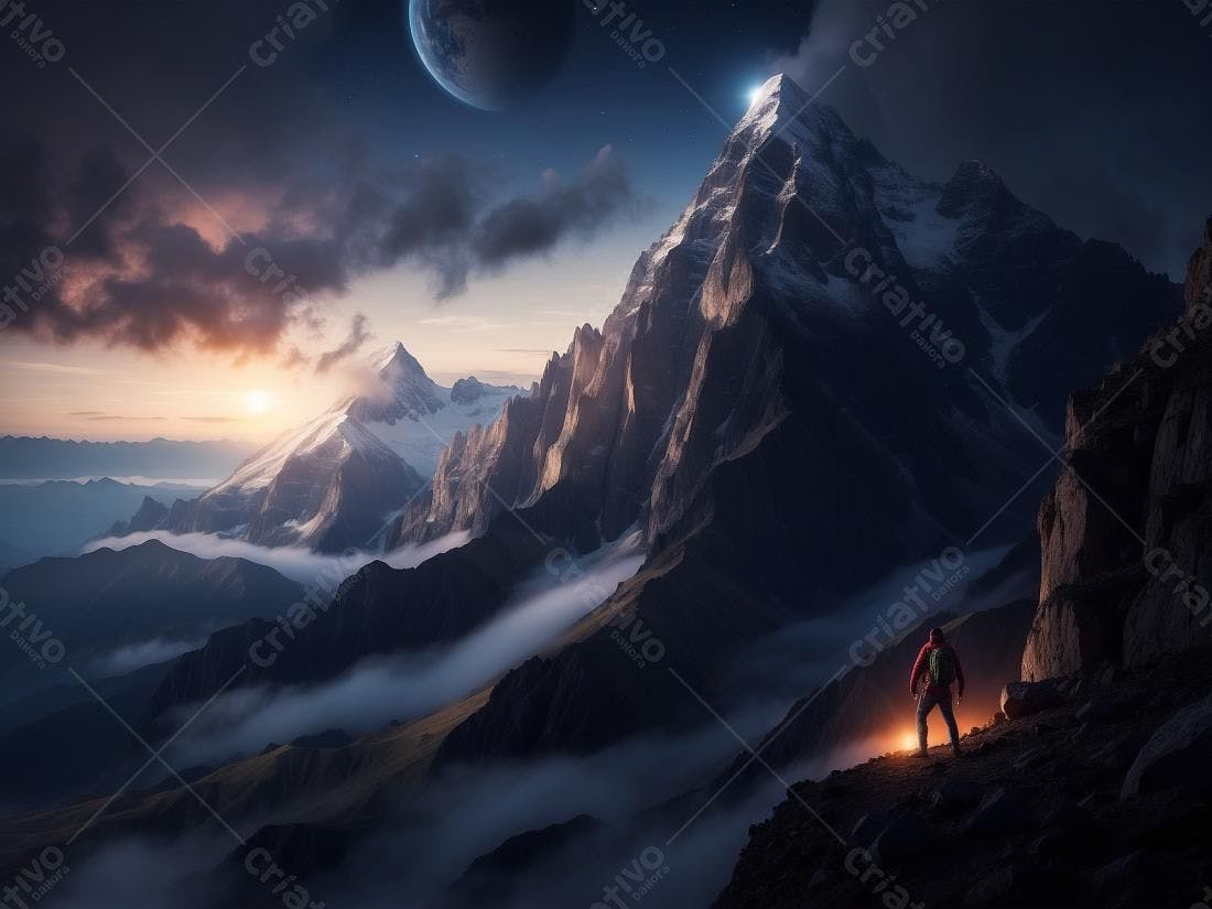 Montanha nevada ao amanhecer com montanhista