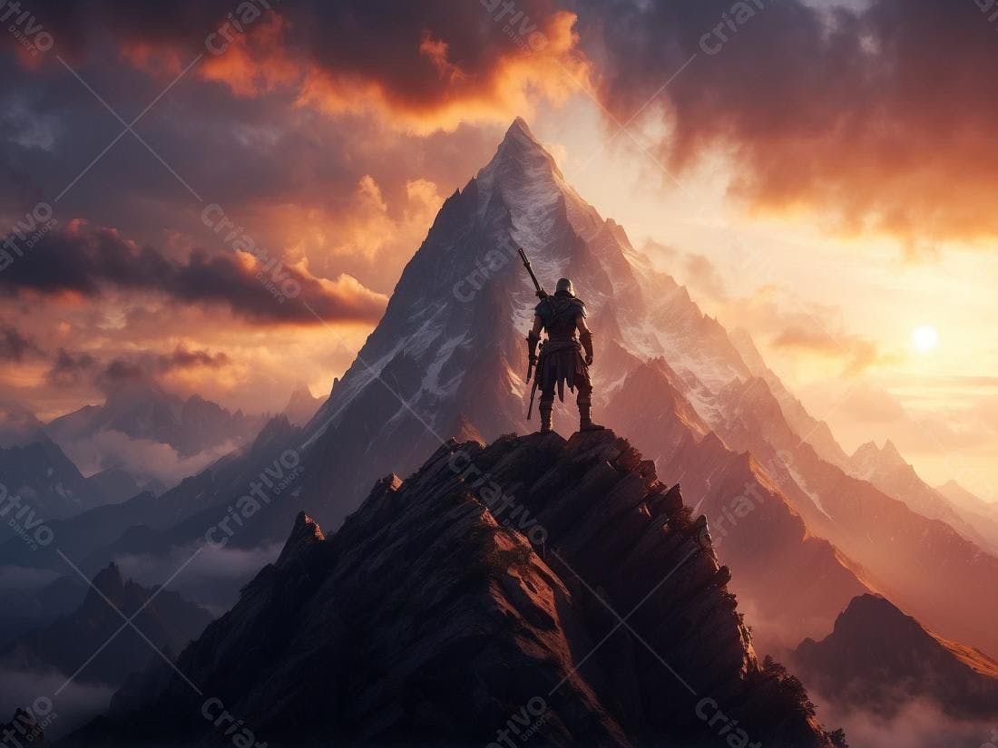 Guerreiro contemplando o pôr do sol montanhoso