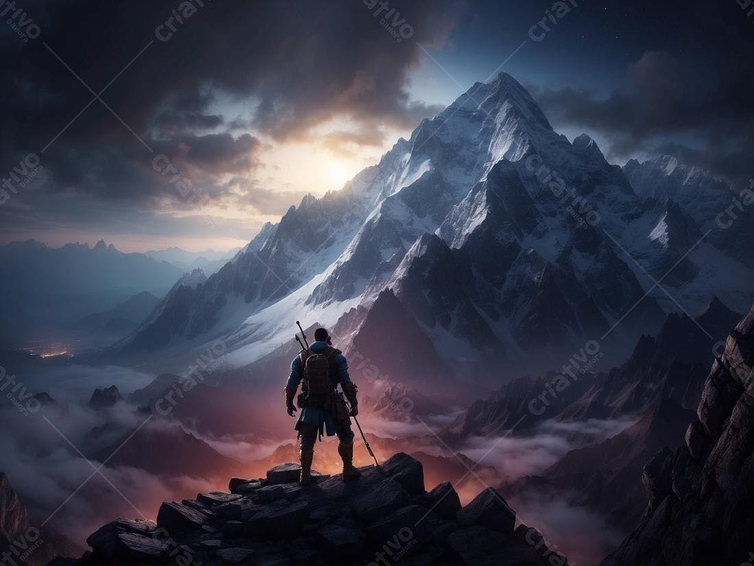 Homem contemplando majestosa montanha ao amanhecer