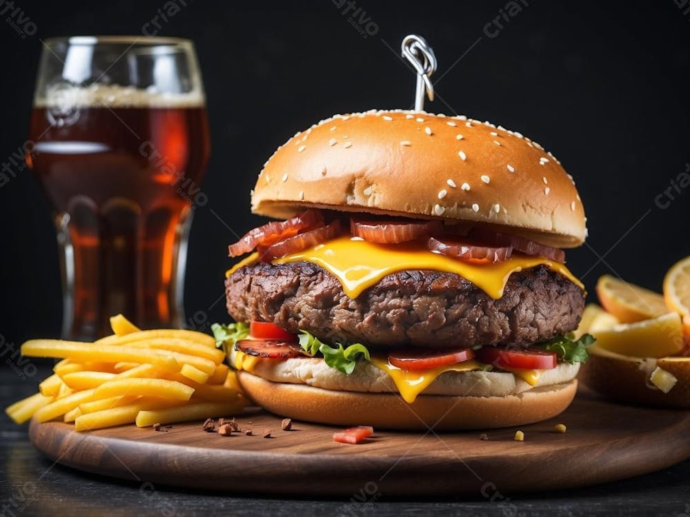 Hamburguer Batata Frita E Refrigerante Em Cima Da Mesa