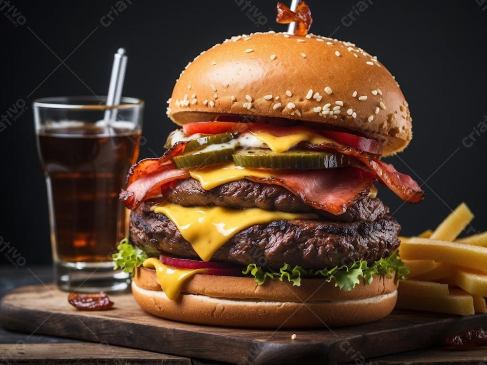 Hamburguer Com Picles Batata Frita E Refrigerante Em Cima Da Mesa