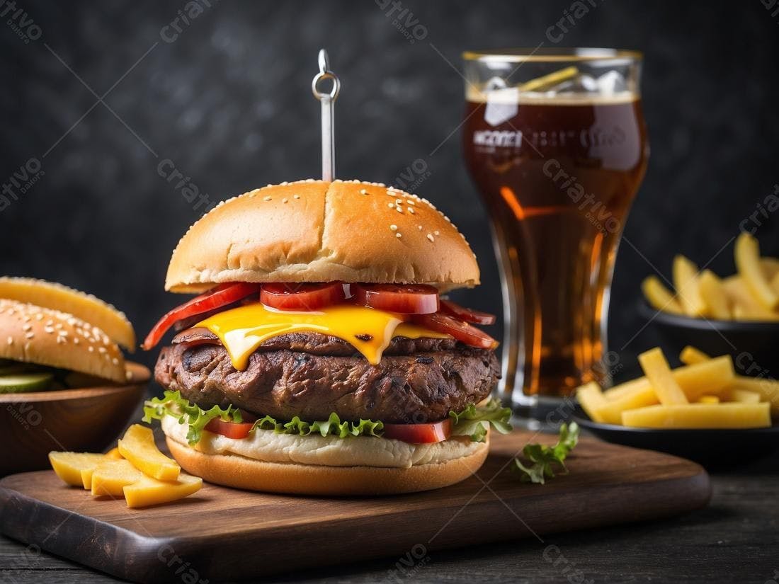 Hambúrguer suculento com fritas e cerveja