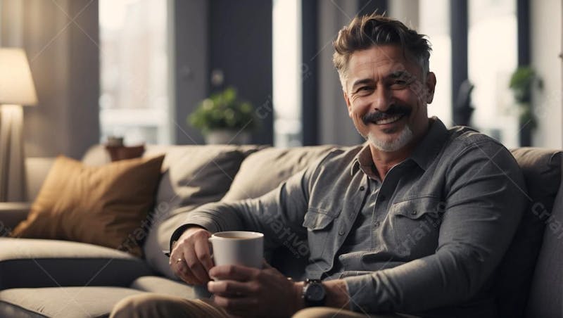 Homem em casa no sofá tomando café