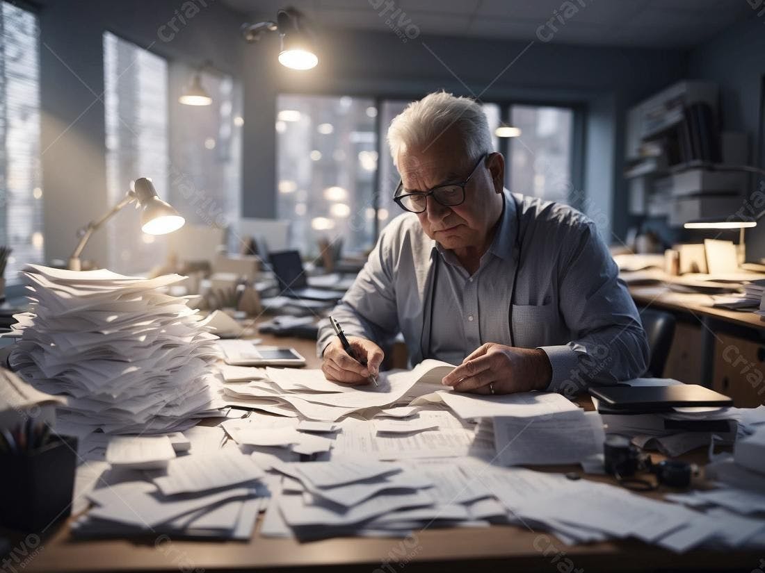 Homem idoso trabalhando com muitos papéis