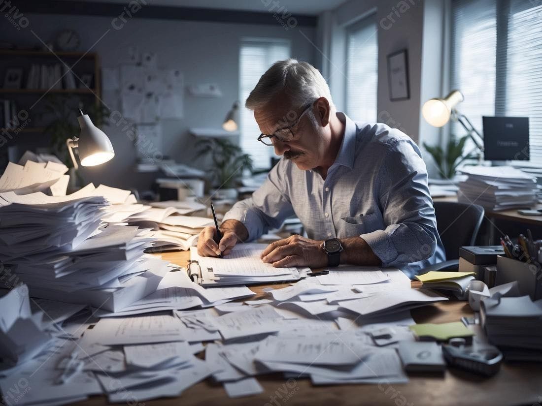Homem Sênior Trabalhando em Escritório com Muitos Papéis