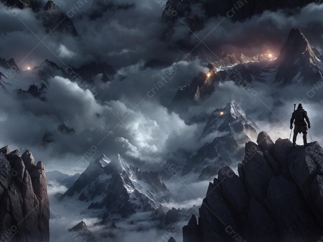 Guerreiro contemplando montanhas nevadas ao entardecer
