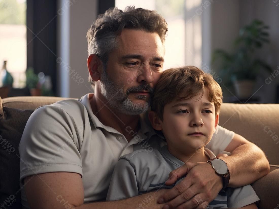 Pai e filho abraçados sofá em casa
