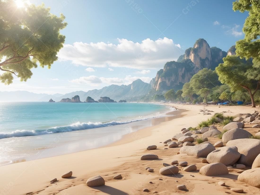 Praia paradisíaca com rochas e montanhas