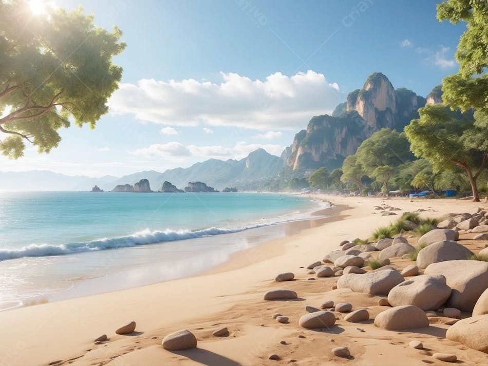 Paisagem da praia com montanhas arvores e pedras