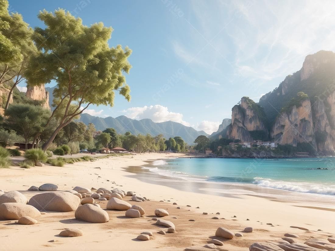 Praia paradisíaca com rochas e árvores tropicais
