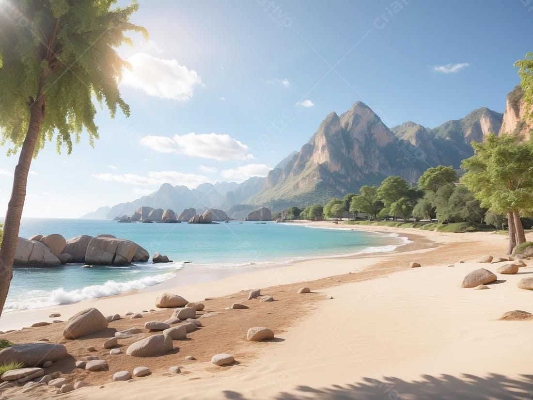 Praia paradisíaca com palmeiras e montanhas