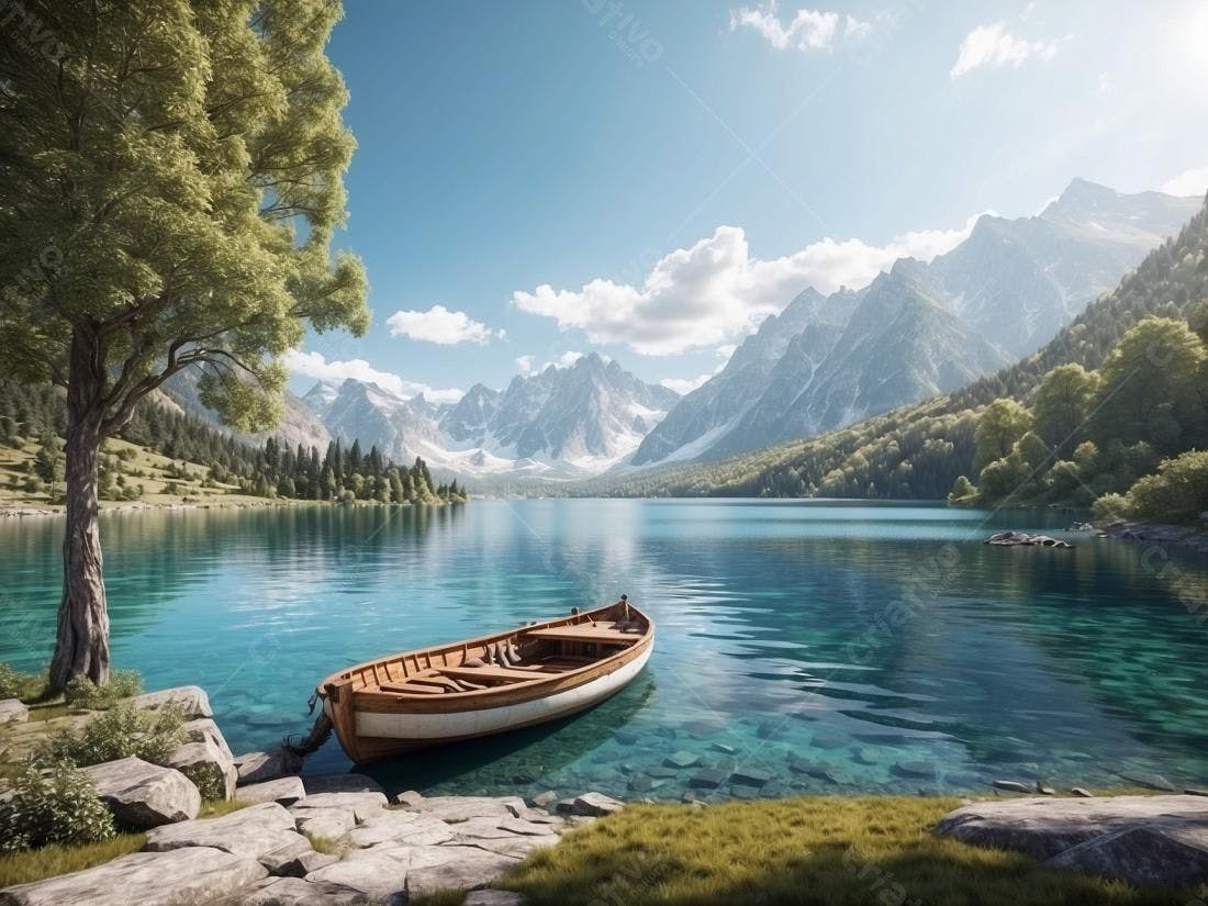 Barco em lago alpino com montanhas nevadas