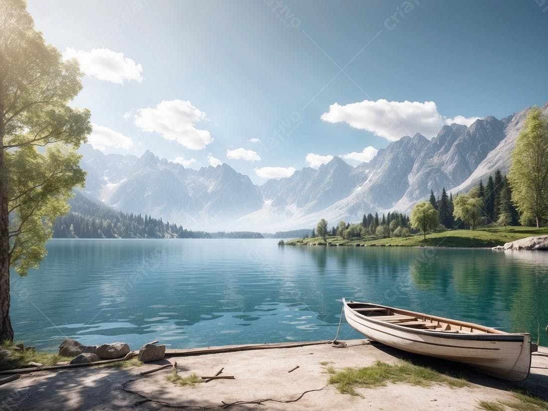 Barco em Lago Sereno com Montanhas