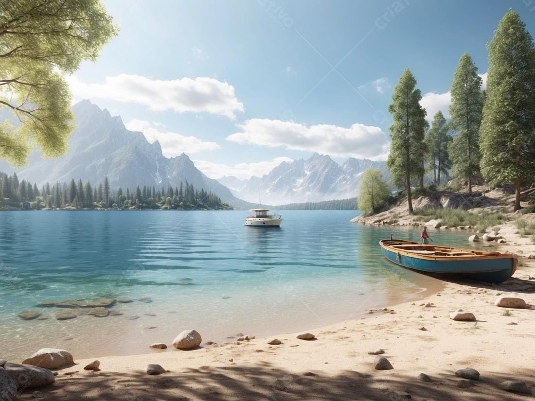 Lago sereno com barco e montanhas