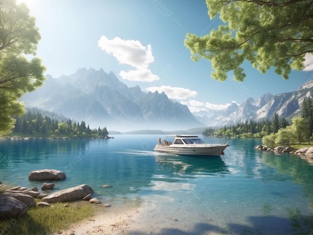 Barco a motor em lago montanhoso