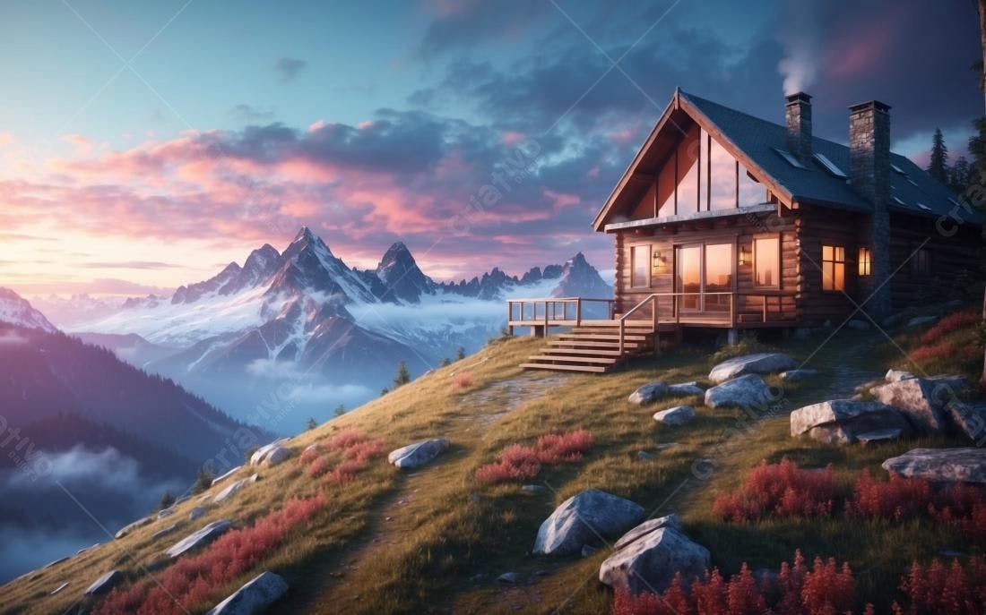 Cabana de madeira em montanha ao entardecer