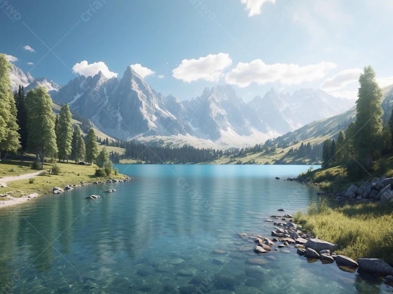 Paisagem de lago com água cristalina e montanhas no fundo