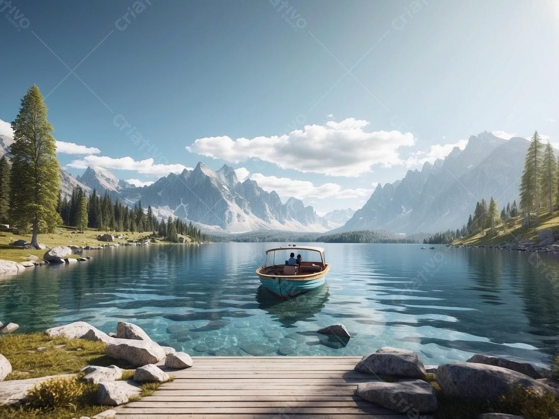 Casal em barco em lago montanhoso