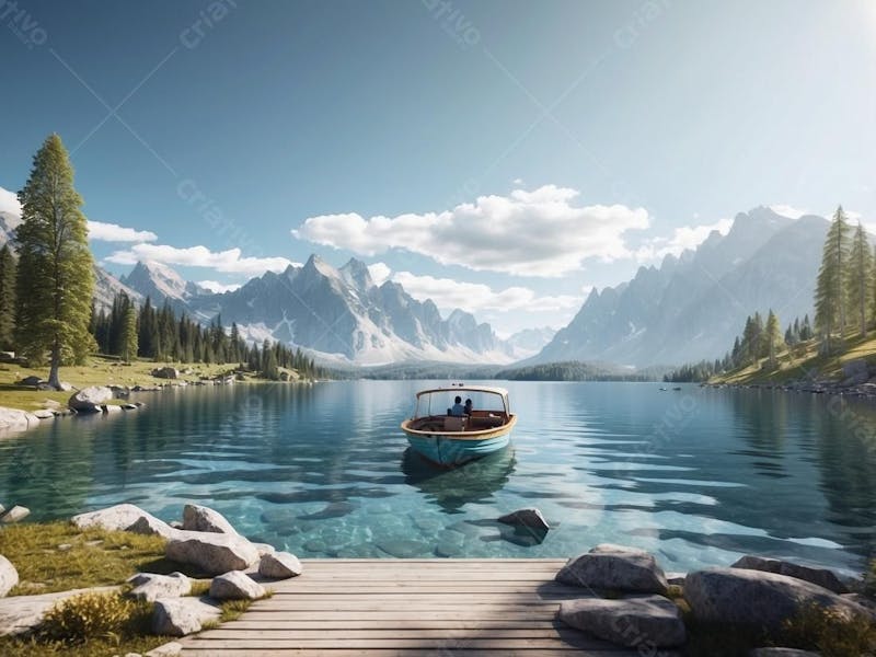 Paisagem de lago com barco de pescador