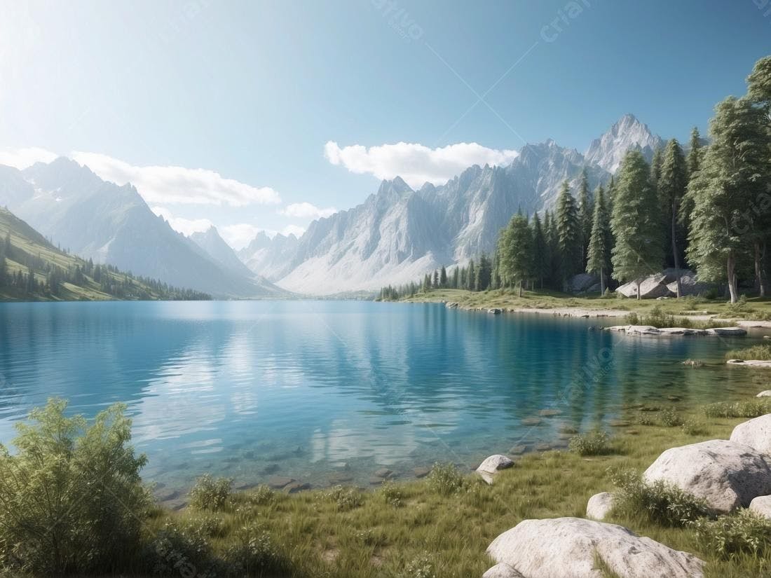 Lago cristalino cercado por montanhas e pinheiros